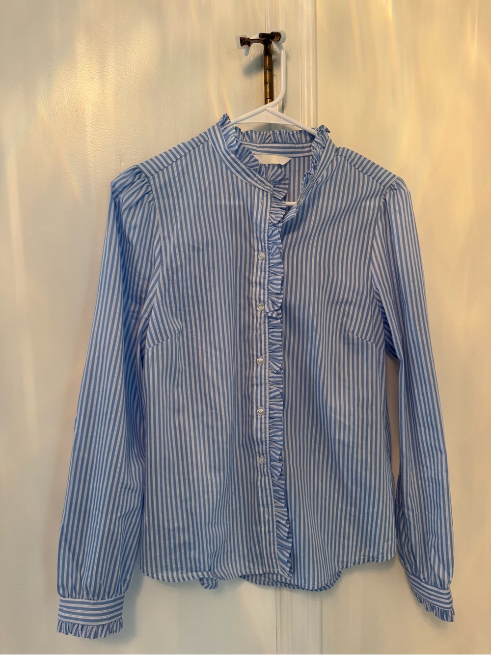 H&M Striped Ruffle-Trim Blue Button-Up Blouse, Small - Picture 2 of 4
